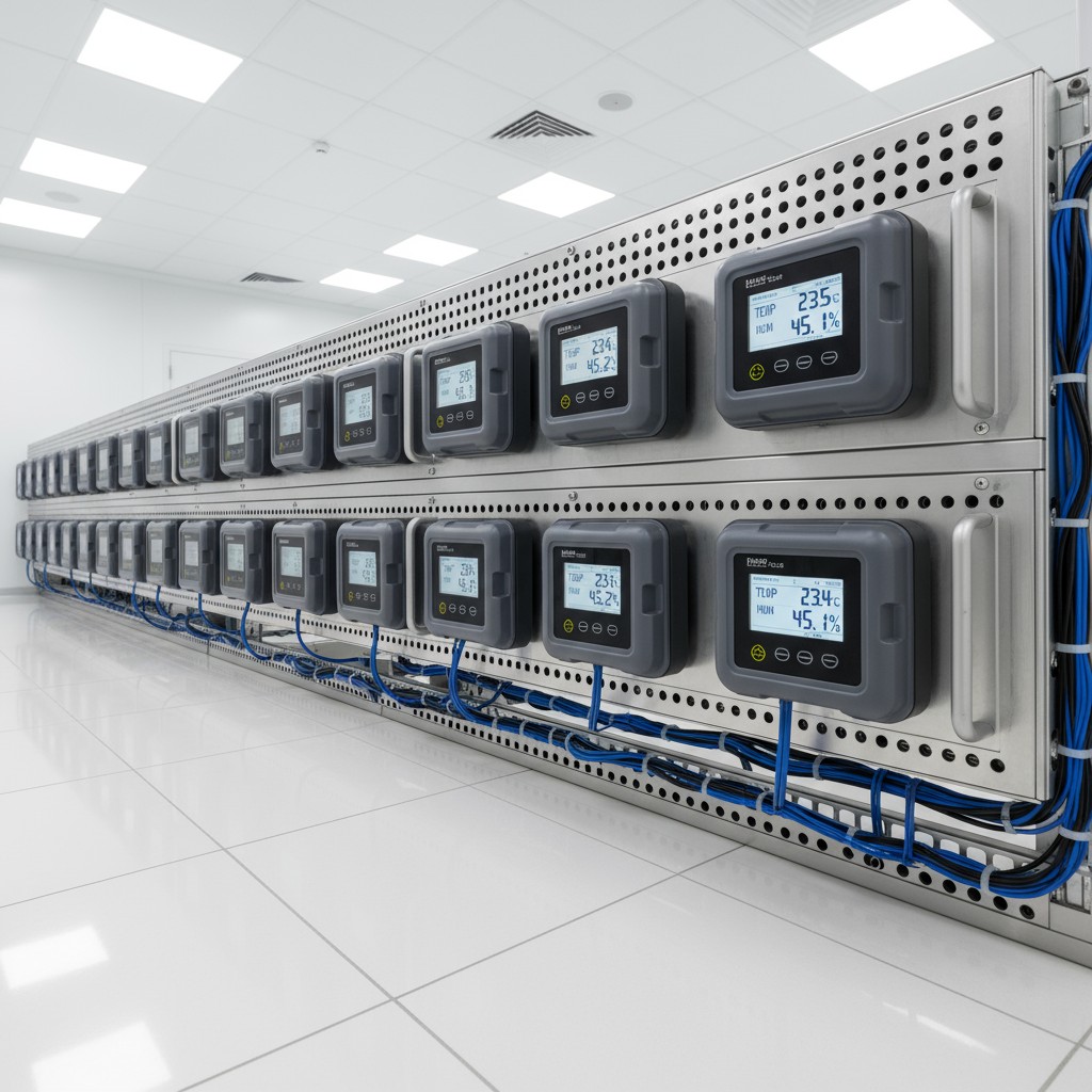A server rack filled with digital temperature monitors and controls, housed on perforated, silver-colored panels, lies on ...