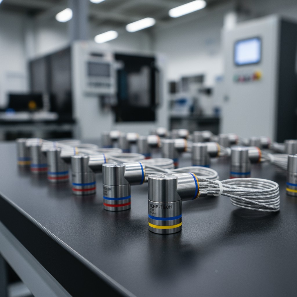A collection of silver metal temperature probes with wires featuring blue, yellow, and red stripes are arranged on a gray ...